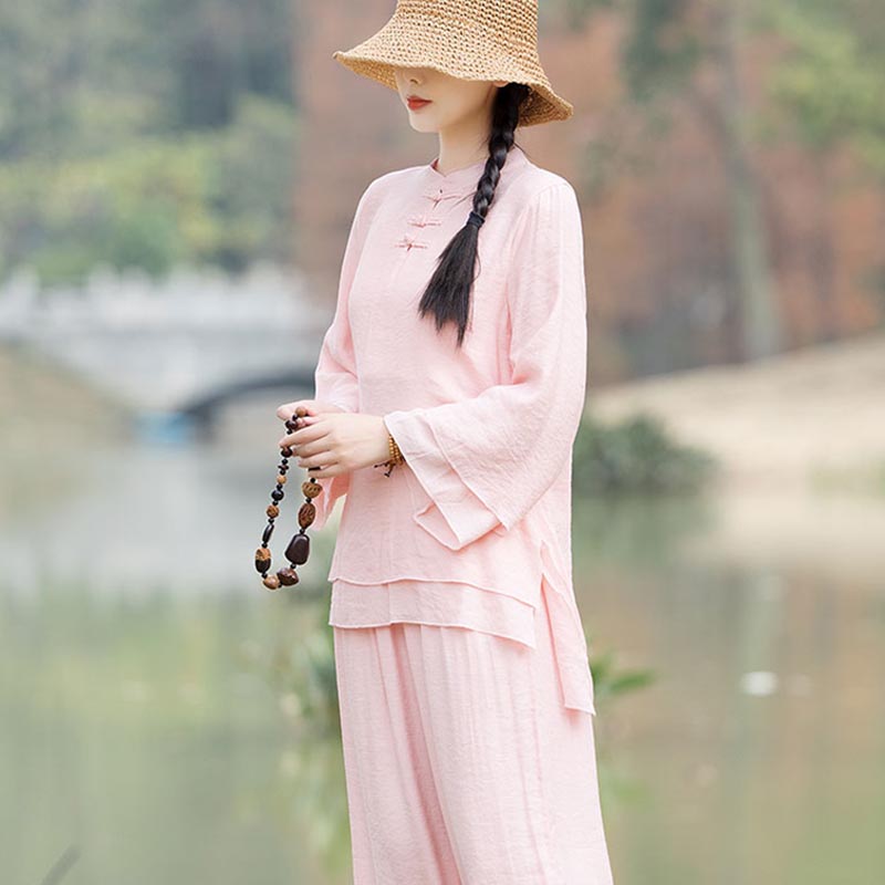 Buddha Stones2点セット 無地デザイン トップス パンツ 瞑想 ヨガ 禅 太極拳 コットン リネン 衣類 レディース セット - image 2