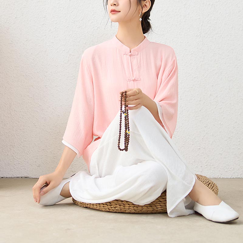 Buddha Stones2点セット シンプル 中国風 カエルボタンデザイン トップス パンツ 瞑想 ヨガ 禅 太極拳 コットン 衣類 レディース セット - image 1