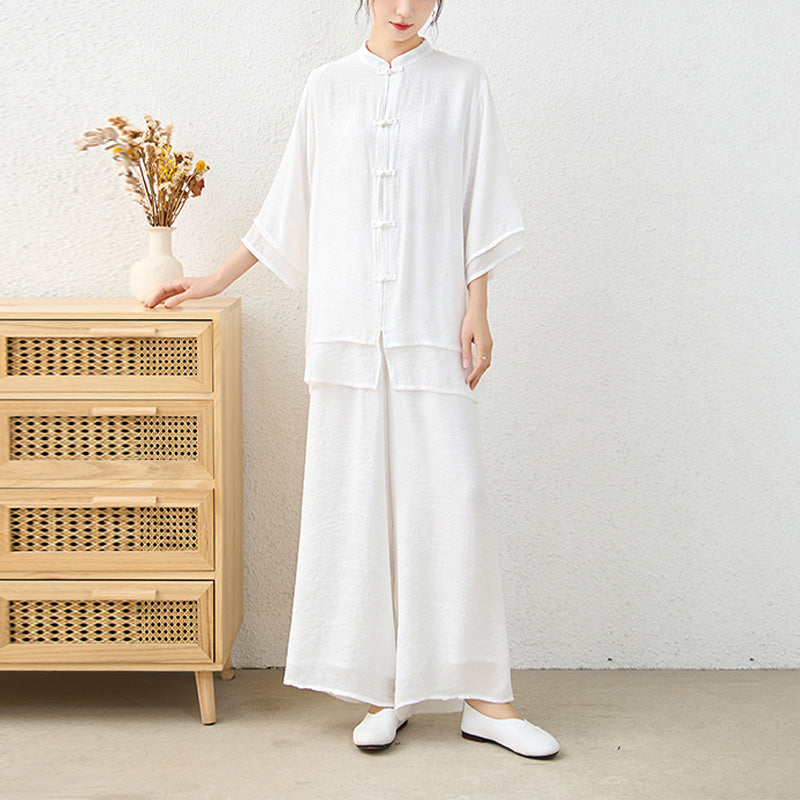 Buddha Stones2点セット シンプル 中国風 カエルボタンデザイン トップス パンツ 瞑想 ヨガ 禅 太極拳 コットン 衣類 レディース セット - image 18