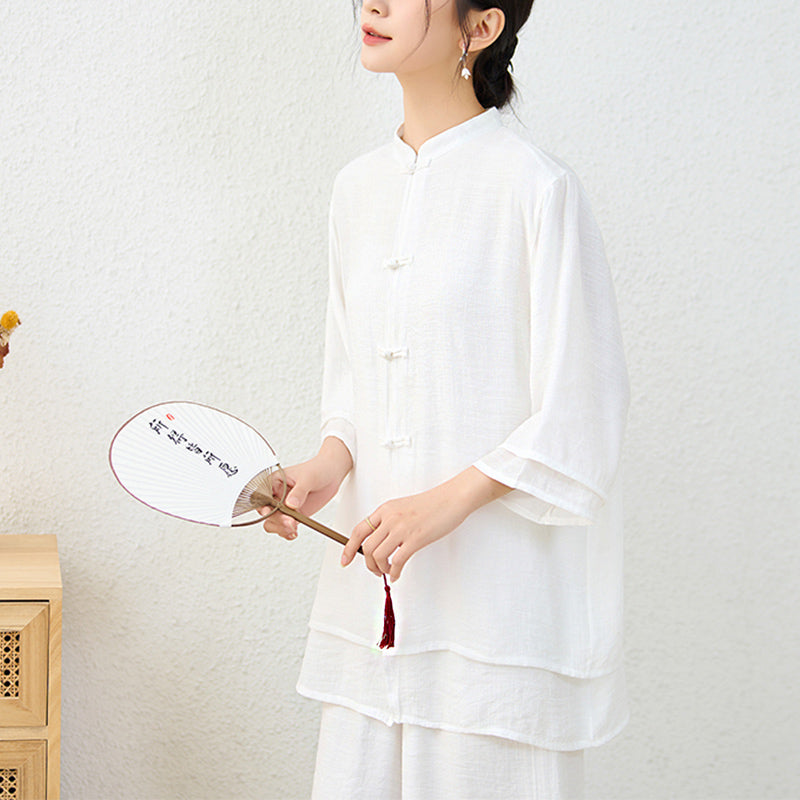 Buddha Stones2点セット シンプル 中国風 カエルボタンデザイン トップス パンツ 瞑想 ヨガ 禅 太極拳 コットン 衣類 レディース セット - image 16