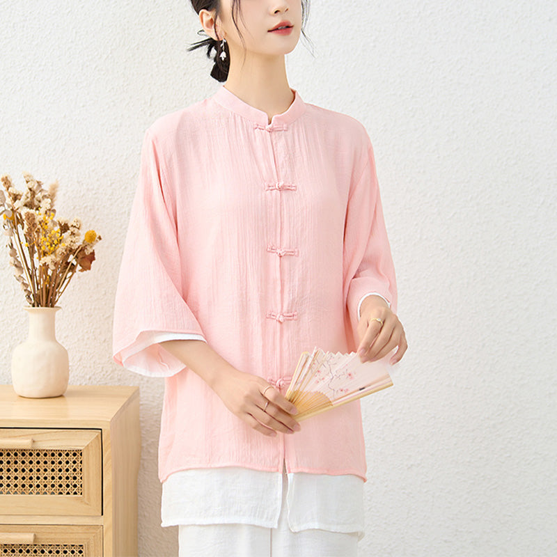 Buddha Stones2点セット シンプル 中国風 カエルボタンデザイン トップス パンツ 瞑想 ヨガ 禅 太極拳 コットン 衣類 レディース セット - image 2