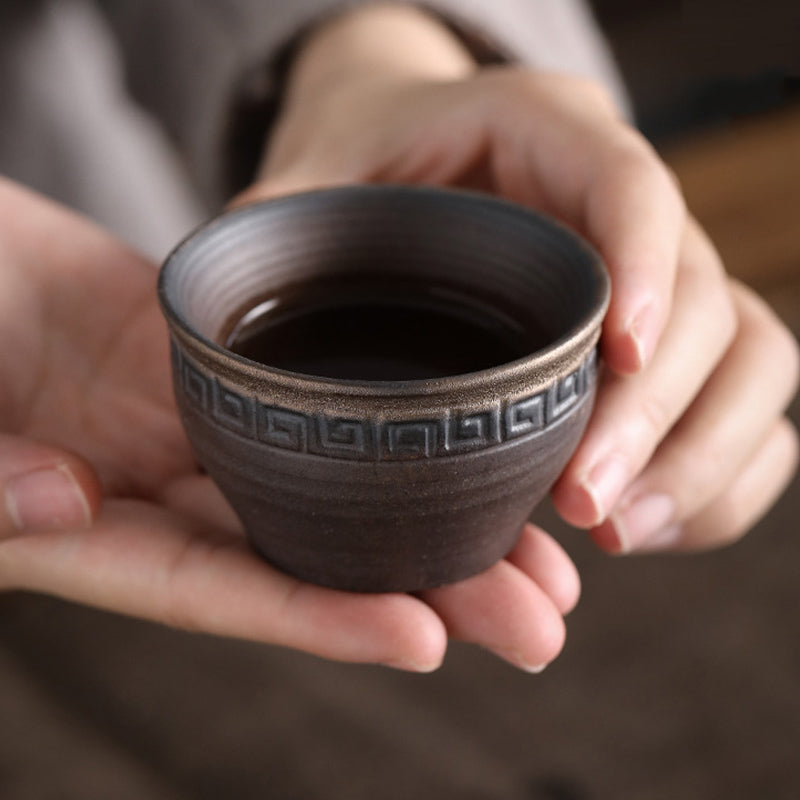 Buddha Stonesシンプルなブラウンのストライプ模様の陶器製ティーカップ カンフーティーカップボウル