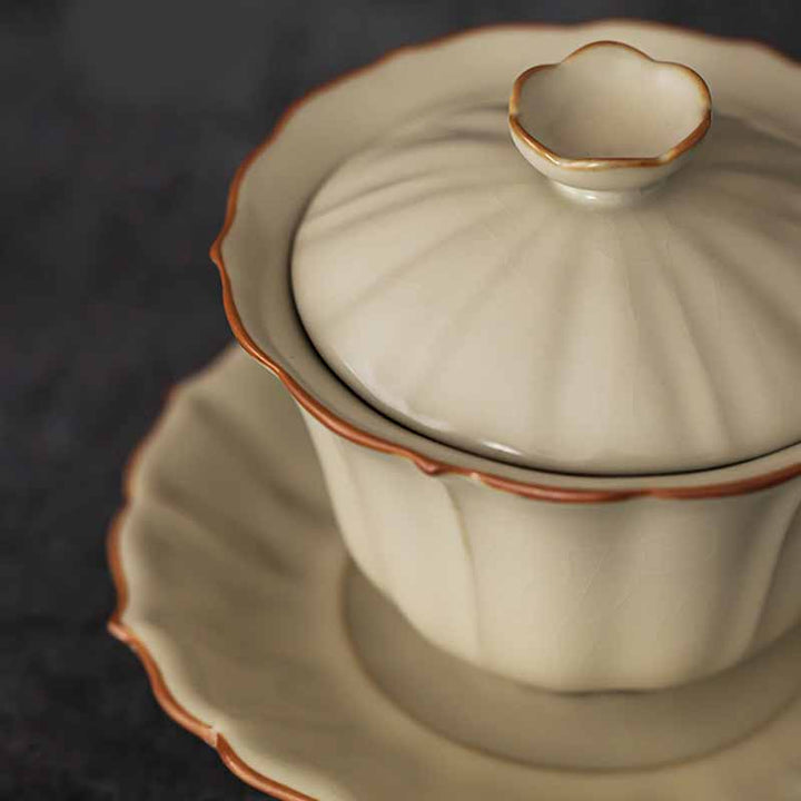Buddha Stonesベージュ 梅の花 桃の枝 陶器 蓋付き 蓋碗 三彩 ティーカップ カンフーティーカップ
