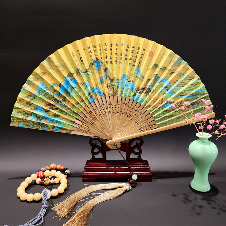 Buddha Stones、山河のパノラマ、鶴、蘭の花、紙、竹、手持ちシルク竹扇子 22cm - 川と山のパノラマ 22cm - image 0