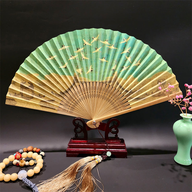 Buddha Stones、山河のパノラマ、鶴、蘭の花、紙、竹、手持ちシルク竹扇子 22cm - 縁起の良い鶴 22cm - image 2
