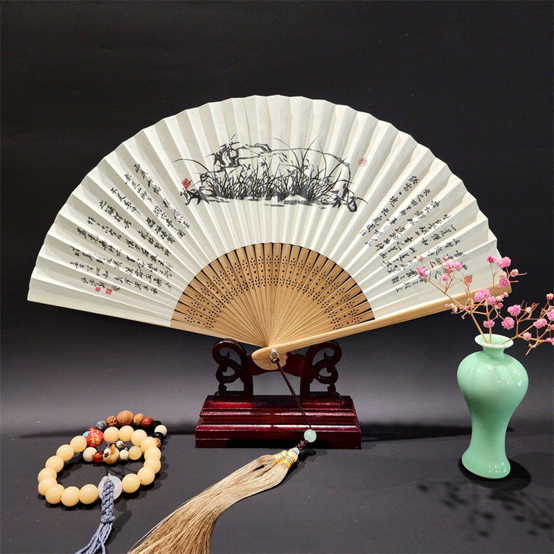 Buddha Stones、山河のパノラマ、鶴、蘭の花、紙、竹、手持ちシルク竹扇子 22cm - 蘭 22cm - image 3