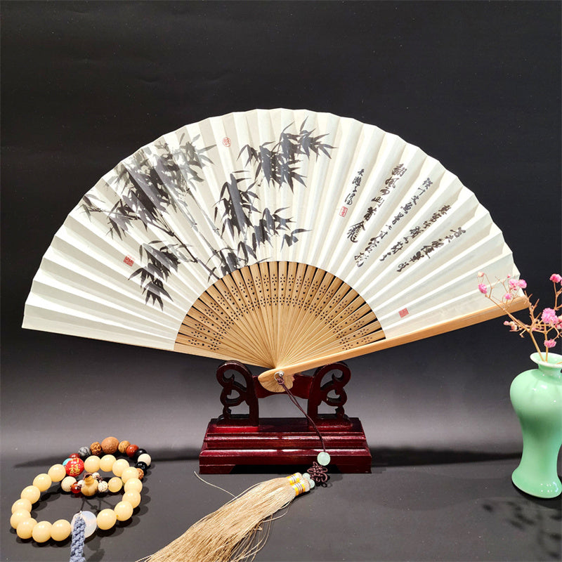 Buddha Stones、山河のパノラマ、鶴、蘭の花、紙、竹、手持ちシルク竹扇子 22cm - 竹の葉 22cm - image 8