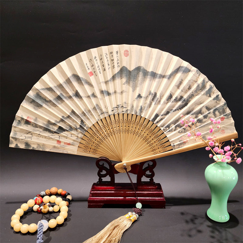 Buddha Stones、山河のパノラマ、鶴、蘭の花、紙、竹、手持ちシルク竹扇子 22cm - 山と雲 22cm - image 9