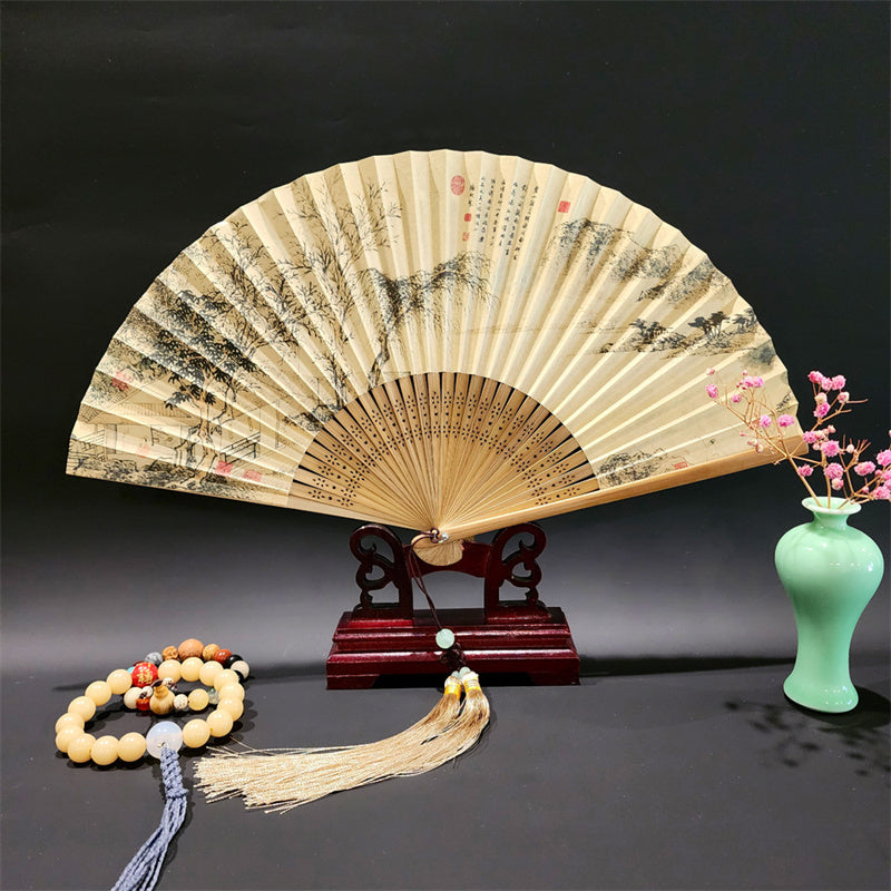 Buddha Stones、山河のパノラマ、鶴、蘭の花、紙、竹、手持ちシルク竹扇子 22cm - 山と木々 22cm - image 10