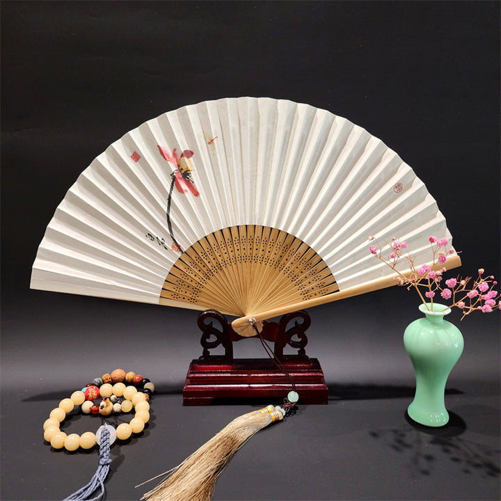 Buddha Stones、山河のパノラマ、鶴、蘭の花、紙、竹、手持ちシルク竹扇子 22cm - 赤い蓮 22cm - image 11
