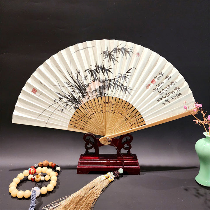 Buddha Stones、山河のパノラマ、鶴、蘭の花、紙、竹、手持ちシルク竹扇子 22cm - 竹草 22cm - image 12