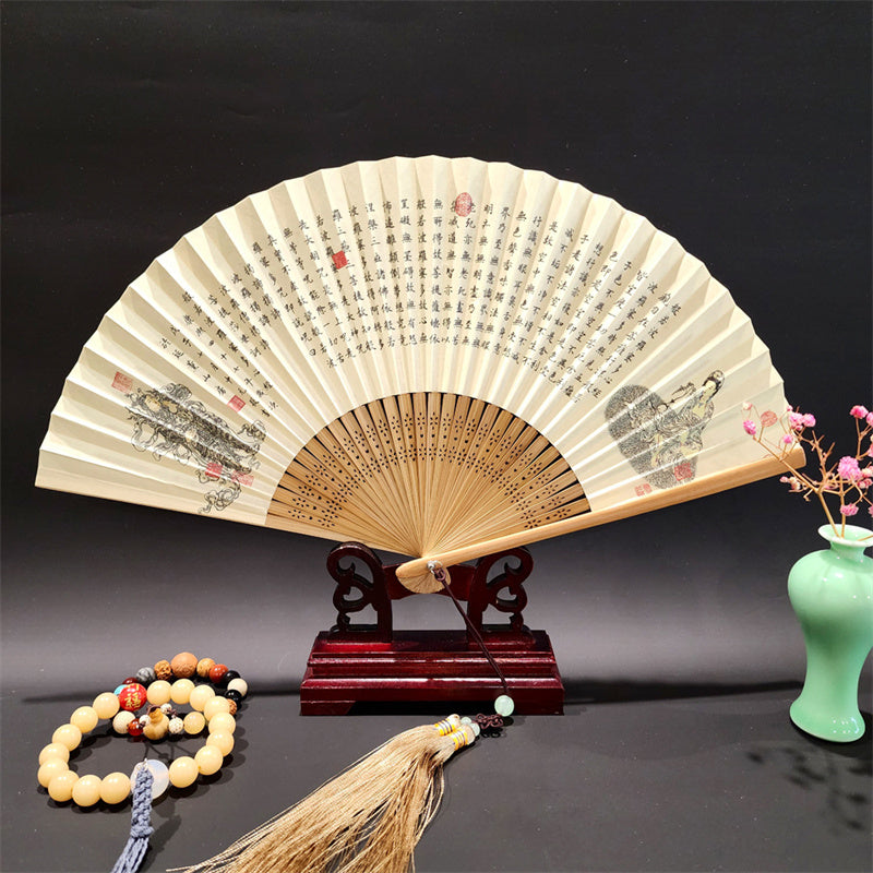 Buddha Stones、山河のパノラマ、鶴、蘭の花、紙、竹、手持ちシルク竹扇子 22cm - 般若心経 22cm - image 13