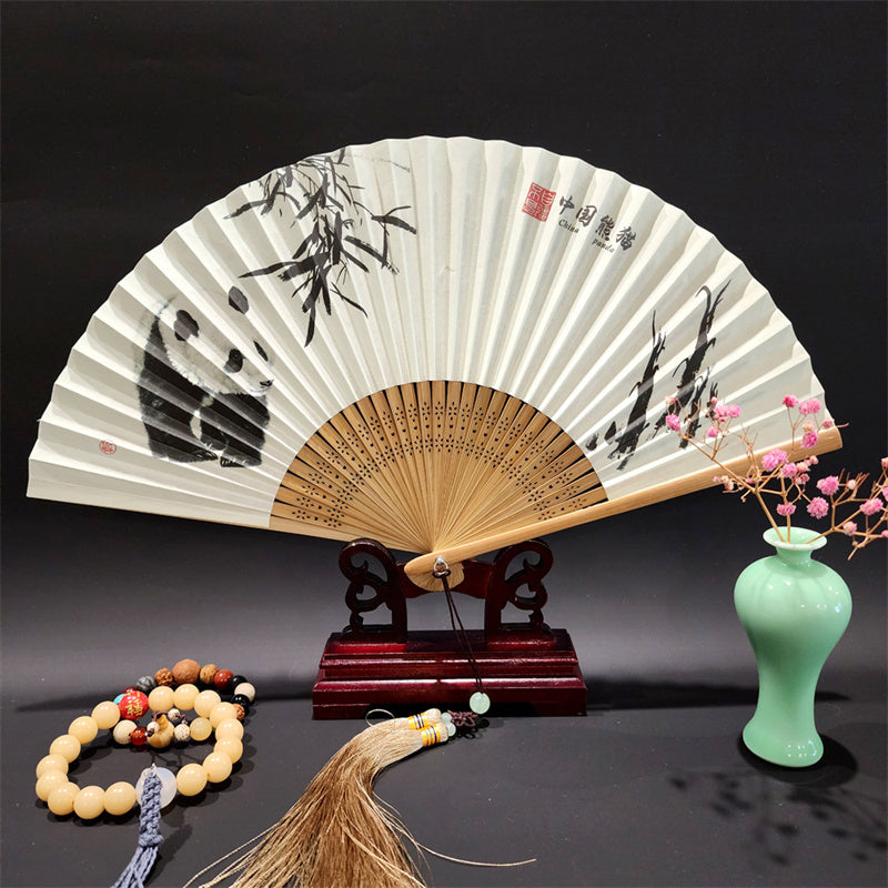 Buddha Stones、山河のパノラマ、鶴、蘭の花、紙、竹、手持ちシルク竹扇子 22cm - パンダ 22cm - image 14