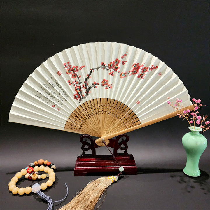 Buddha Stones、山河のパノラマ、鶴、蘭の花、紙、竹、手持ちシルク竹扇子 22cm - 赤い花 22cm - image 15