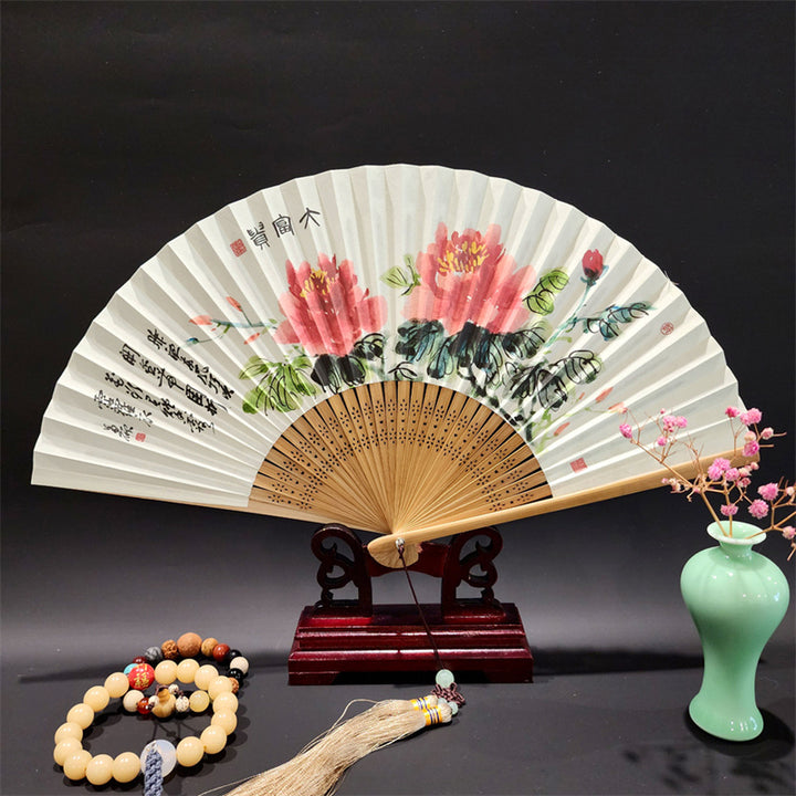 Buddha Stones、山河のパノラマ、鶴、蘭の花、紙、竹、手持ちシルク竹扇子 22cm - 牡丹の花 22cm - image 16