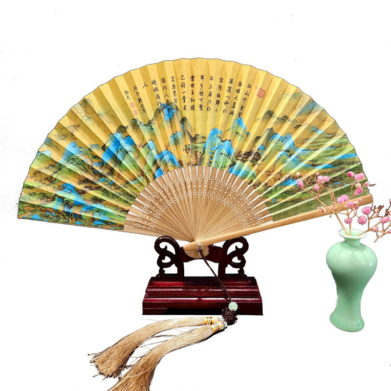 Buddha Stones、山河のパノラマ、鶴、蘭の花、紙、竹、手持ちシルク竹扇子 22cm - image 1