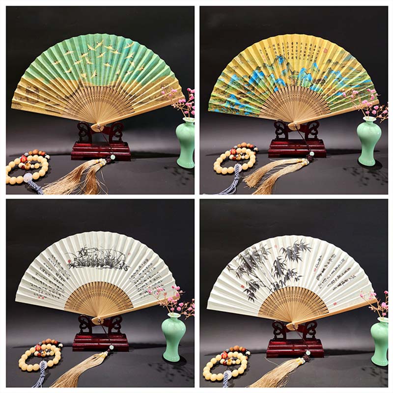 Buddha Stones、山河のパノラマ、鶴、蘭の花、紙、竹、手持ちシルク竹扇子 22cm - image 19