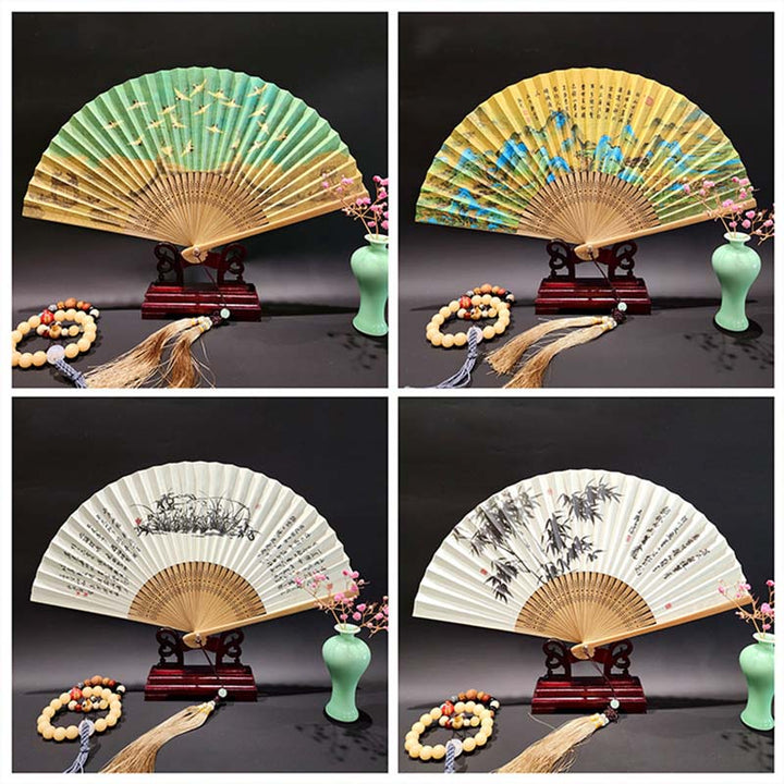 Buddha Stones、山河のパノラマ、鶴、蘭の花、紙、竹、手持ちシルク竹扇子 22cm - image 19