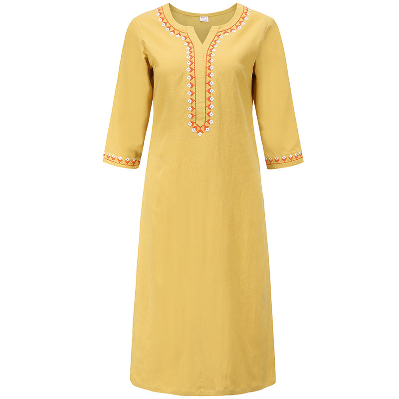 Buddha Stones 2点 Vネック 刺繍 ヨガウェア 禅瞑想 コットンリネン トップパンツ レディース セット - イエロー(上のみ) - US12、 UK/AU16、 EU44 (2XL)  - image 21