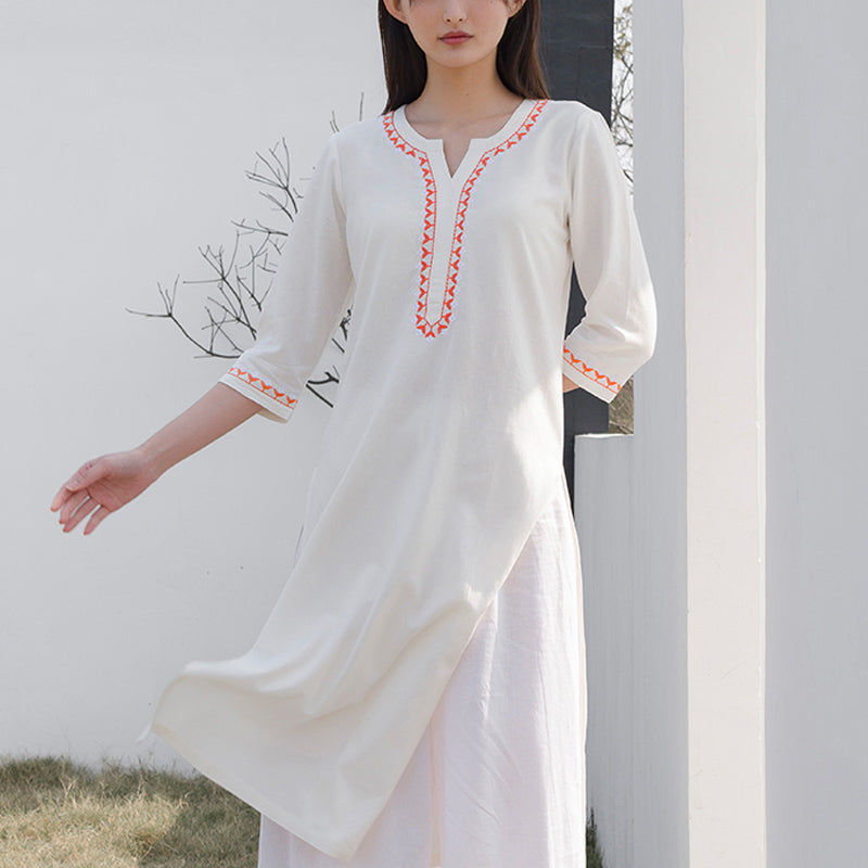 Buddha Stones 2点 Vネック 刺繍 ヨガウェア 禅瞑想 コットンリネン トップパンツ レディース セット - image 1