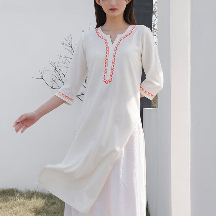 Buddha Stones 2点 Vネック 刺繍 ヨガウェア 禅瞑想 コットンリネン トップパンツ レディース セット - image 1