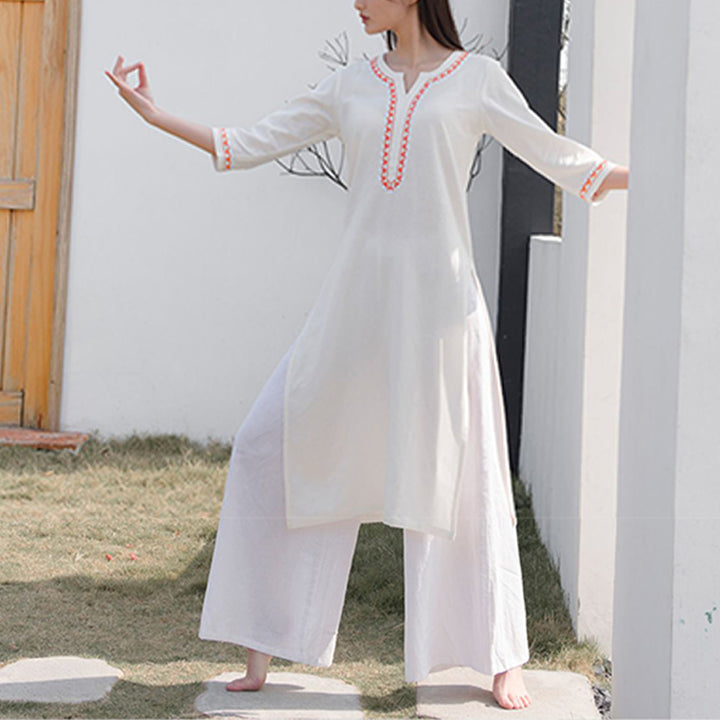 Buddha Stones 2点 Vネック 刺繍 ヨガウェア 禅瞑想 コットンリネン トップパンツ レディース セット - image 4