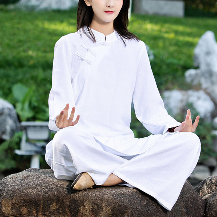 Buddha Stones 2点セット 無地 長袖 禅ヨガウェア 瞑想ウェア トップス パンツ レディース セット - ホワイト（トップス＆パンツ） - US8-10，UK/AU12-14，EU40-42 (2XL) - image 0