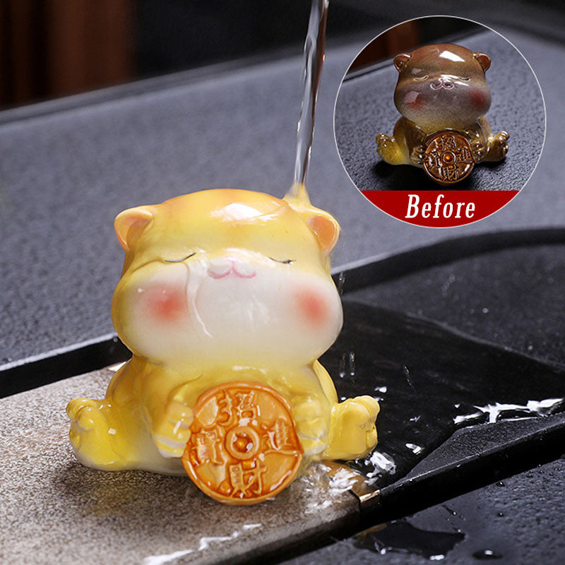 Buddha Stones色が変わる かわいい ミニ猫 樹脂 ティーペット 富 家 置物 装飾 - 黄色い猫 - 6.2×5.9×5.1cm - image 1