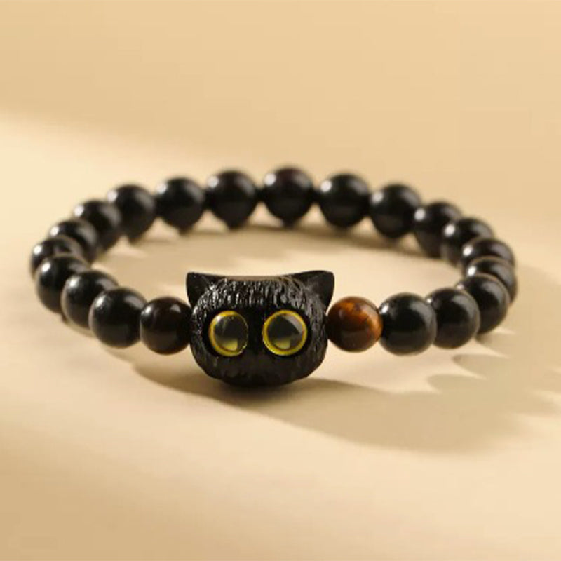 Buddha Stonesかわいい黒檀猫の頭の模様 平和のブレスレット - image 2