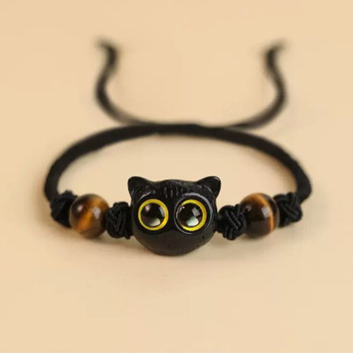 Buddha Stonesかわいい黒檀猫の頭の模様 平和のブレスレット - 黒檀猫虎目石ロープブレスレット（手首周り14～18cm） - image 11