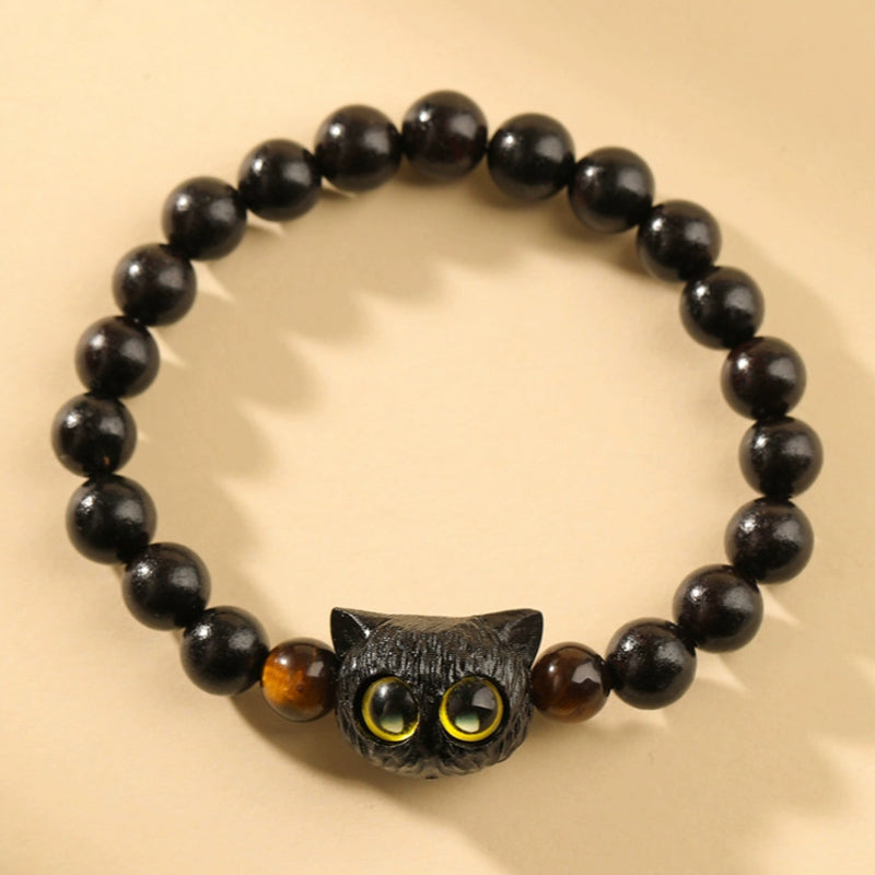 Buddha Stonesかわいい黒檀猫の頭の模様 平和のブレスレット - 黒檀猫タイガーアイ（手首周り14～16cm） - image 1
