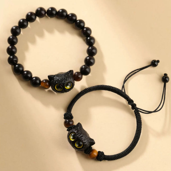 Buddha Stonesかわいい黒檀猫の頭の模様 平和のブレスレット - image 12