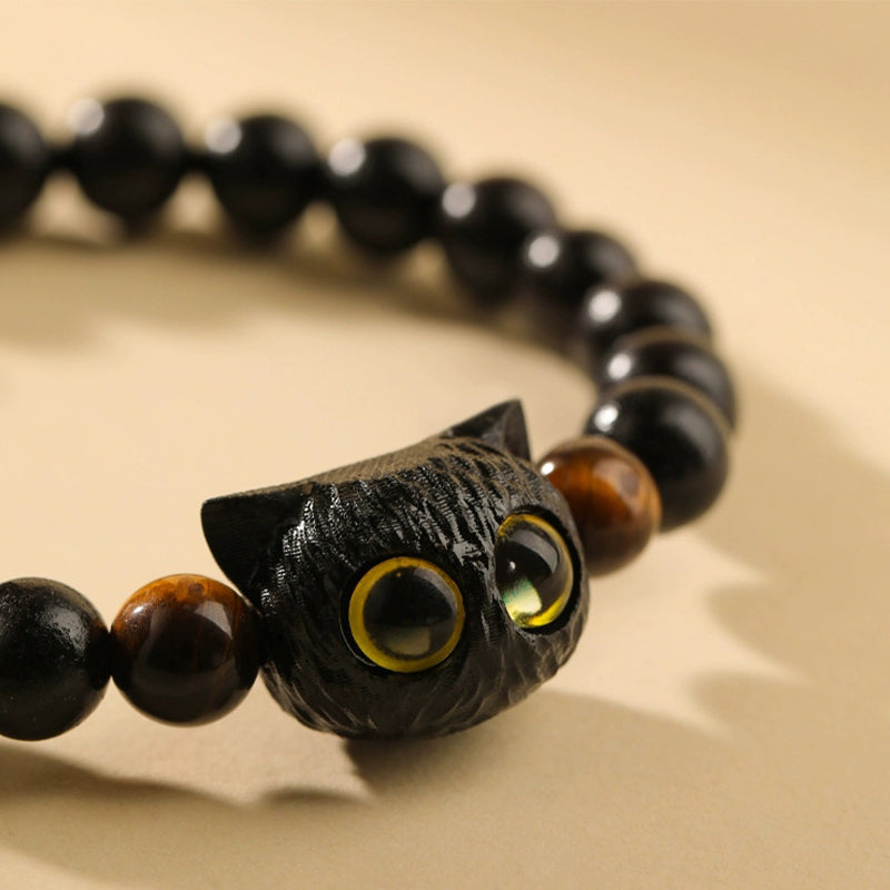 Buddha Stonesかわいい黒檀猫の頭の模様 平和のブレスレット - image 3
