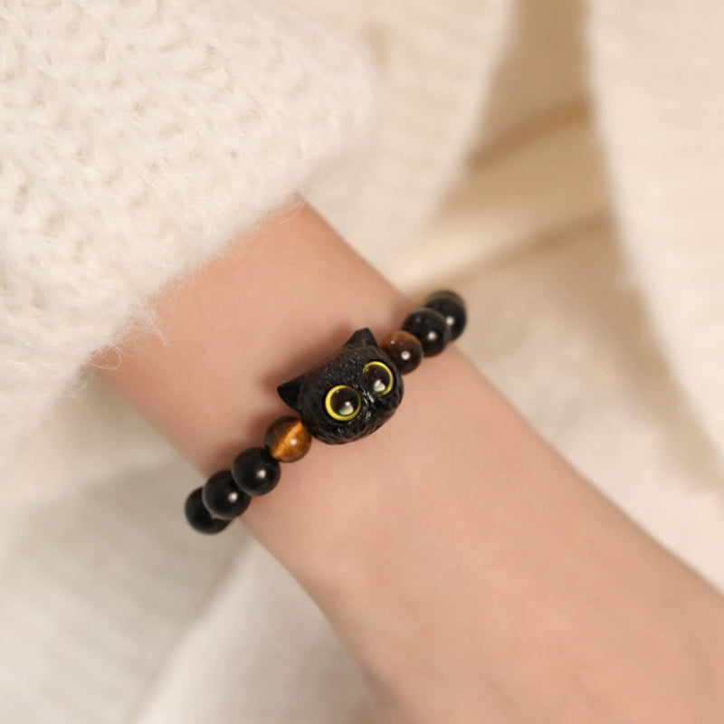 Buddha Stonesかわいい黒檀猫の頭の模様 平和のブレスレット - image 6