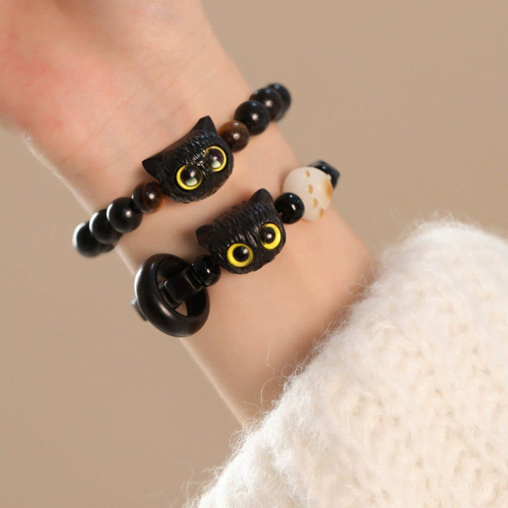 Buddha Stonesかわいい黒檀猫の頭の模様 平和のブレスレット - image 10