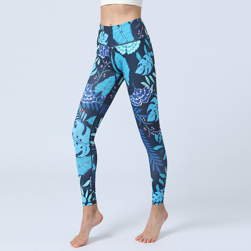 Buddha Stonesのプリントパンツ スポーツ フィットネス ヨガ ハイウエスト レギンス レディース ヨガパンツ - ブルーリーブス - US8-10、 UK/AU12-14、 EU40-42 (XL)  - image 4