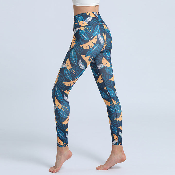 Buddha Stonesのプリントパンツ スポーツ フィットネス ヨガ ハイウエスト レギンス レディース ヨガパンツ - スチールブルーイエローリーフ - US8-10、 UK/AU12-14、 EU40-42 (XL)  - image 11