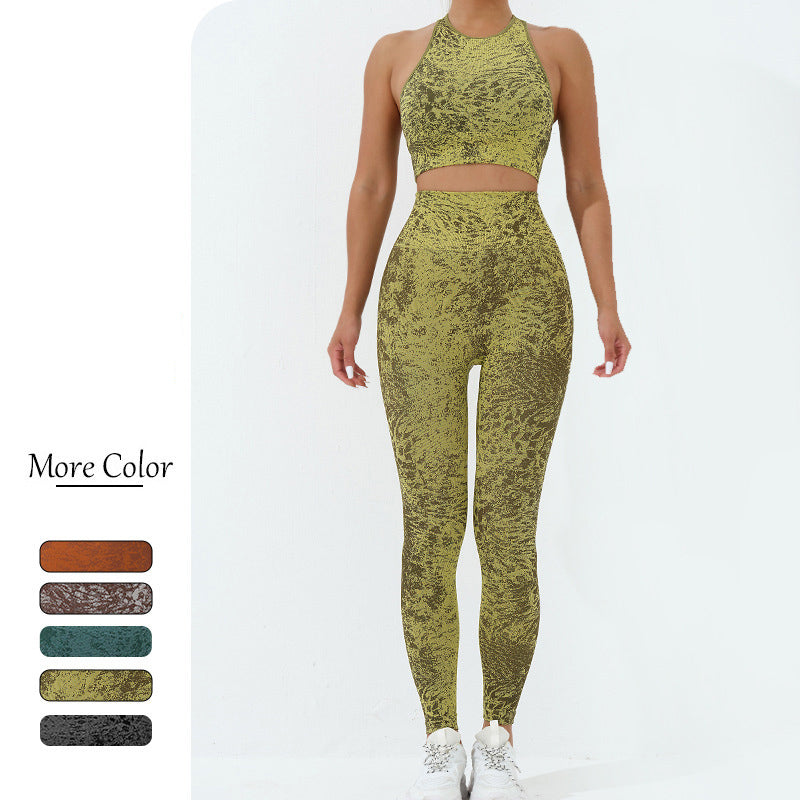 Buddha Stones 2点セット シームレスプリント フィットネス クロップタンクトップ パンツ スポーツ ジム ウェア レディース ヨガセット - image 4