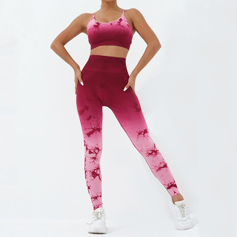 Buddha Stones 2点セット シンプル タイダイプリント クロップタンクトップ ハイウエストパンツ スポーツ ジムウェア レディース ヨガセット - image 1