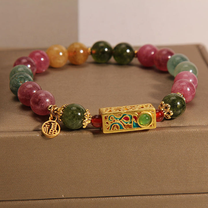Buddha Stonesカラフルトルマリン ポジティブフーキャラクターチャームブレスレット