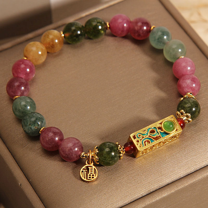 Buddha Stonesカラフルトルマリン ポジティブフーキャラクターチャームブレスレット