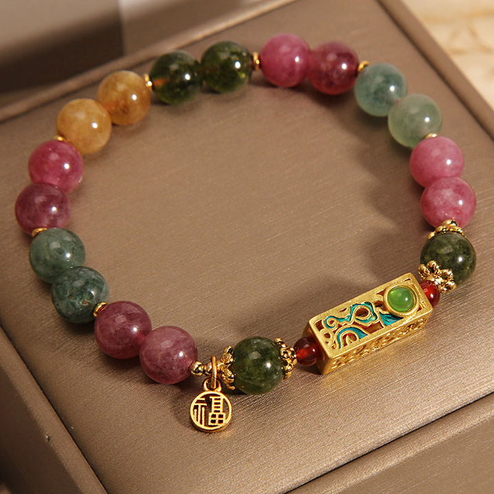 Buddha Stonesカラフルトルマリン ポジティブフーキャラクターチャームブレスレット