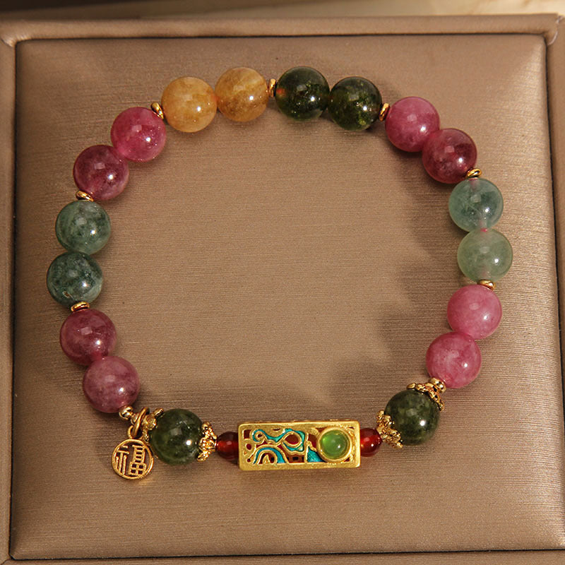 Buddha Stonesカラフルトルマリン ポジティブフーキャラクターチャームブレスレット