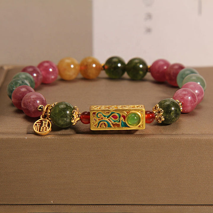Buddha Stonesカラフルトルマリン ポジティブフーキャラクターチャームブレスレット
