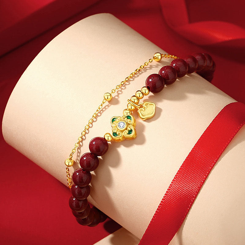 Buddha Stones 925スターリングシルバー 天然辰砂 四つ葉のクローバー フラワー 祝福チェーンブレスレット - image 1
