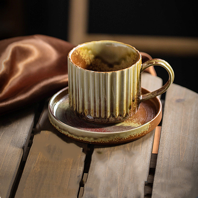 Buddha Stonesレトロストライプ窯変セラミックコーヒーマグ 粗陶器ティーコーヒーカップ ソーサー付き 250ml