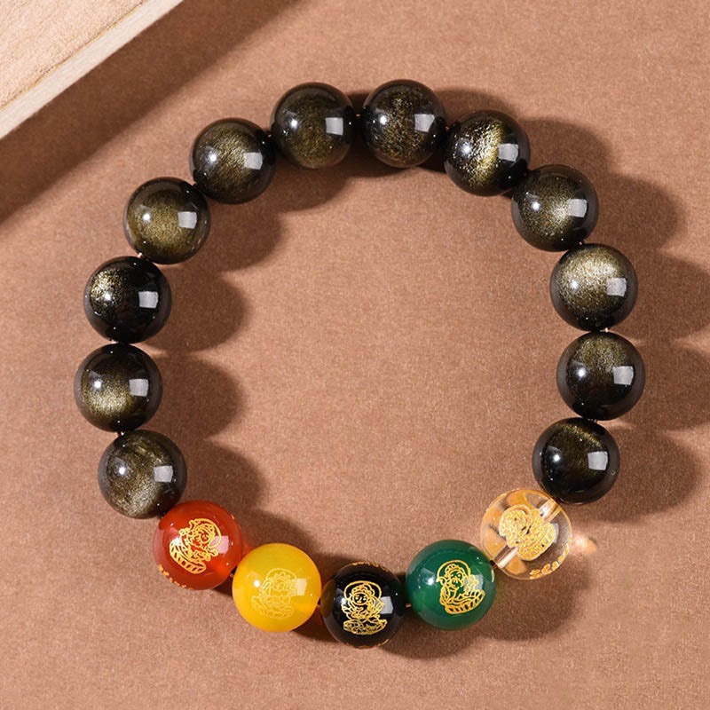 Buddha Stones金彩黒曜石 虹色黒曜石 黒曜石 五方位 富の神 ブレスレット