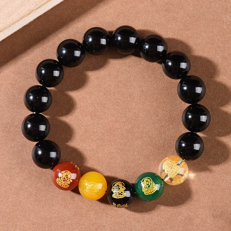 Buddha Stones金彩黒曜石 虹色黒曜石 黒曜石 五方位 富の神 ブレスレット