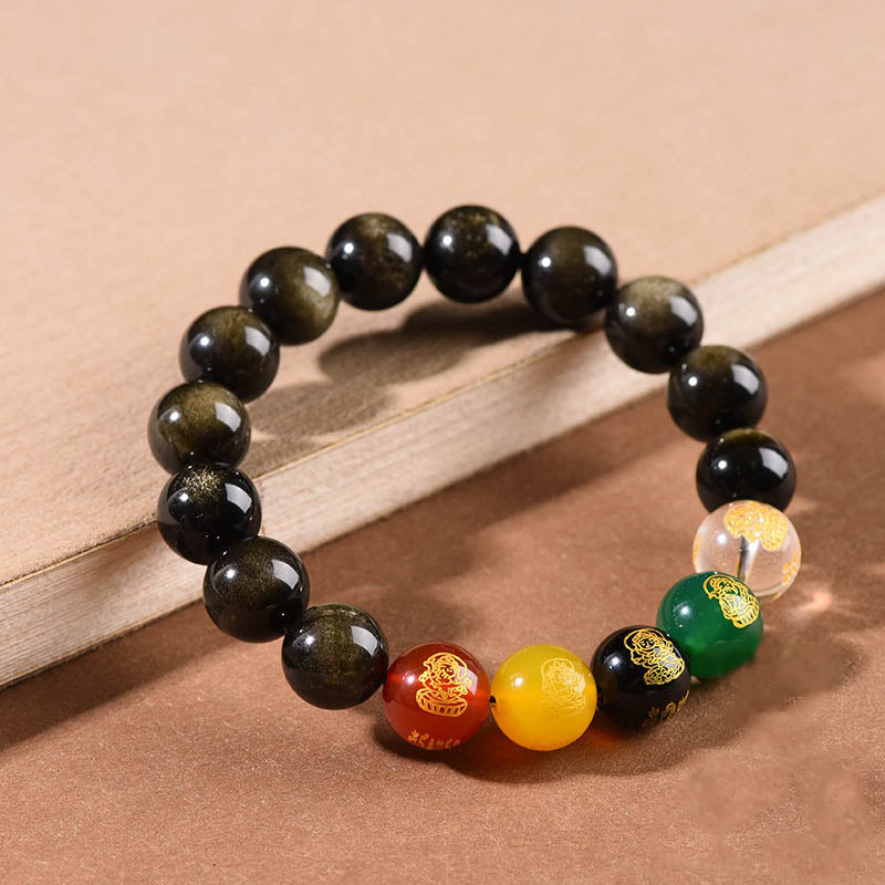 Buddha Stones金彩黒曜石 虹色黒曜石 黒曜石 五方位 富の神 ブレスレット