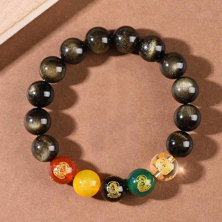 Buddha Stones金彩黒曜石 虹色黒曜石 黒曜石 五方位 富の神 ブレスレット